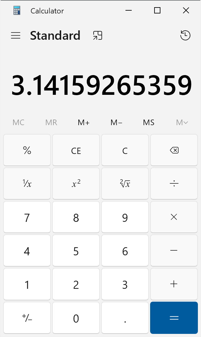 Windows-Taschenrechner mit der Zahl π, wobei hier ein Punkt als Dezimaltrennzeichen verwendet wird.