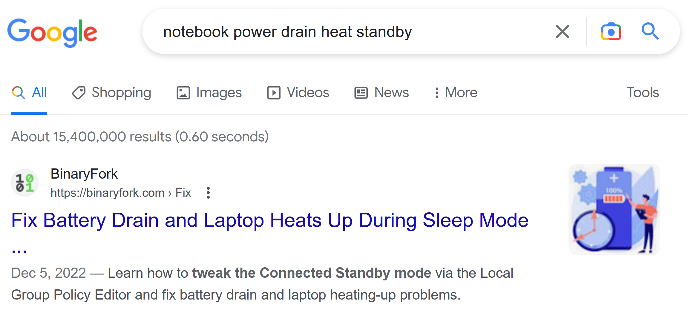 Screenshot der Google-Suche: notebook power drain heat standby
