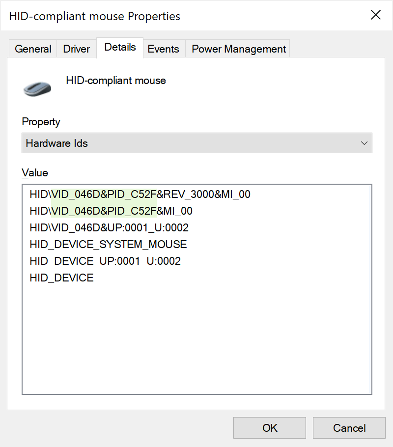 Screenshot showing Hardware ID of an example device in Device Manager.