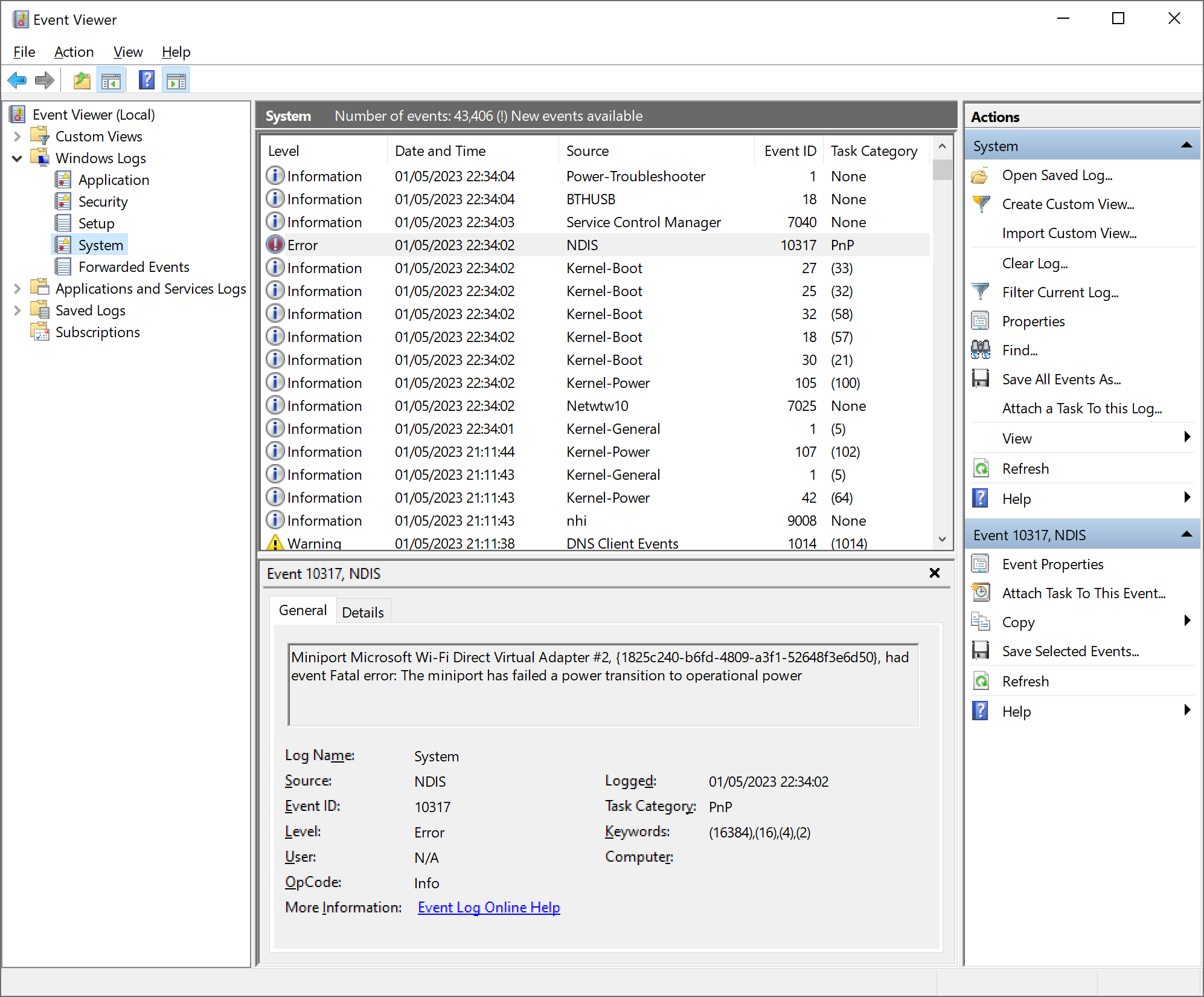 Example screenshot of Event Viewer with a Wi-Fi-related error in the System log.