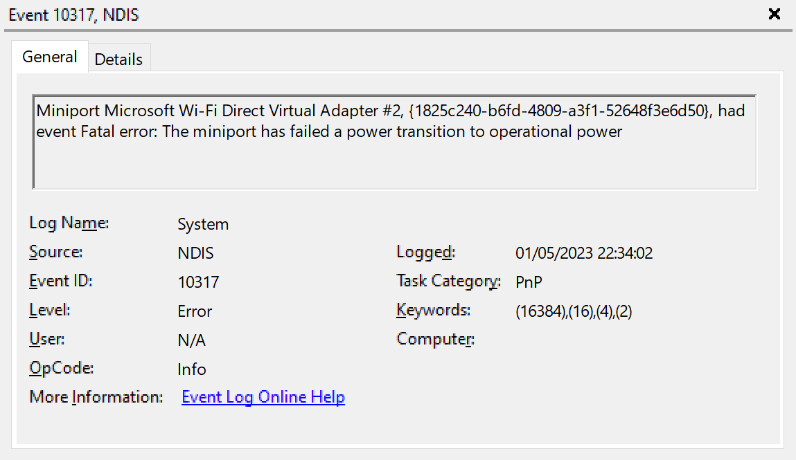 Example screenshot with details on a specific and relevant error event.