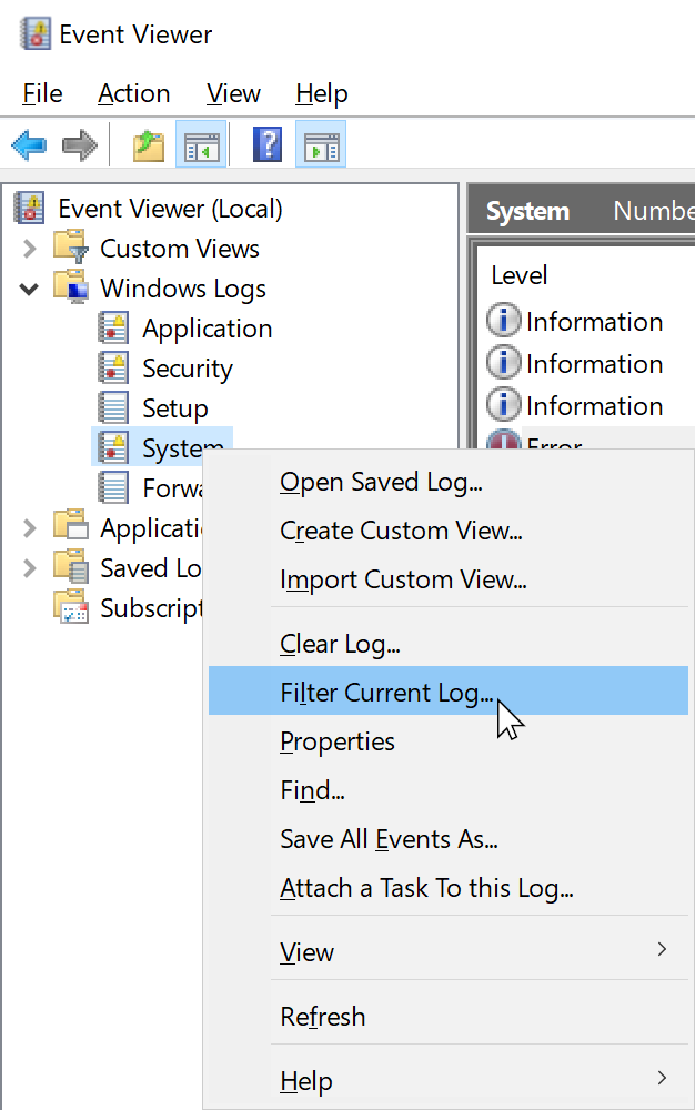 Screenshot: Right-click on System, Filter Current Log...