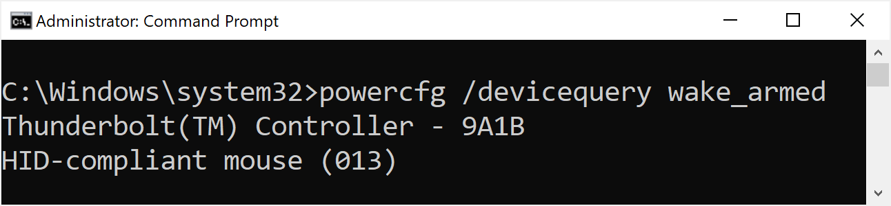 Beispiel für die Konsolenausgabe von powercfg /devicequery wake_armed