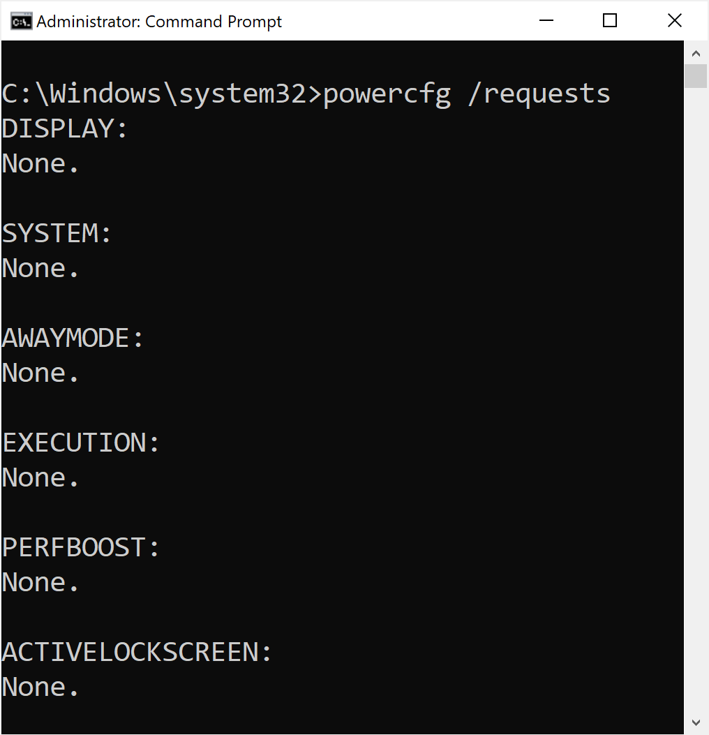 Example console output of powercfg /requests