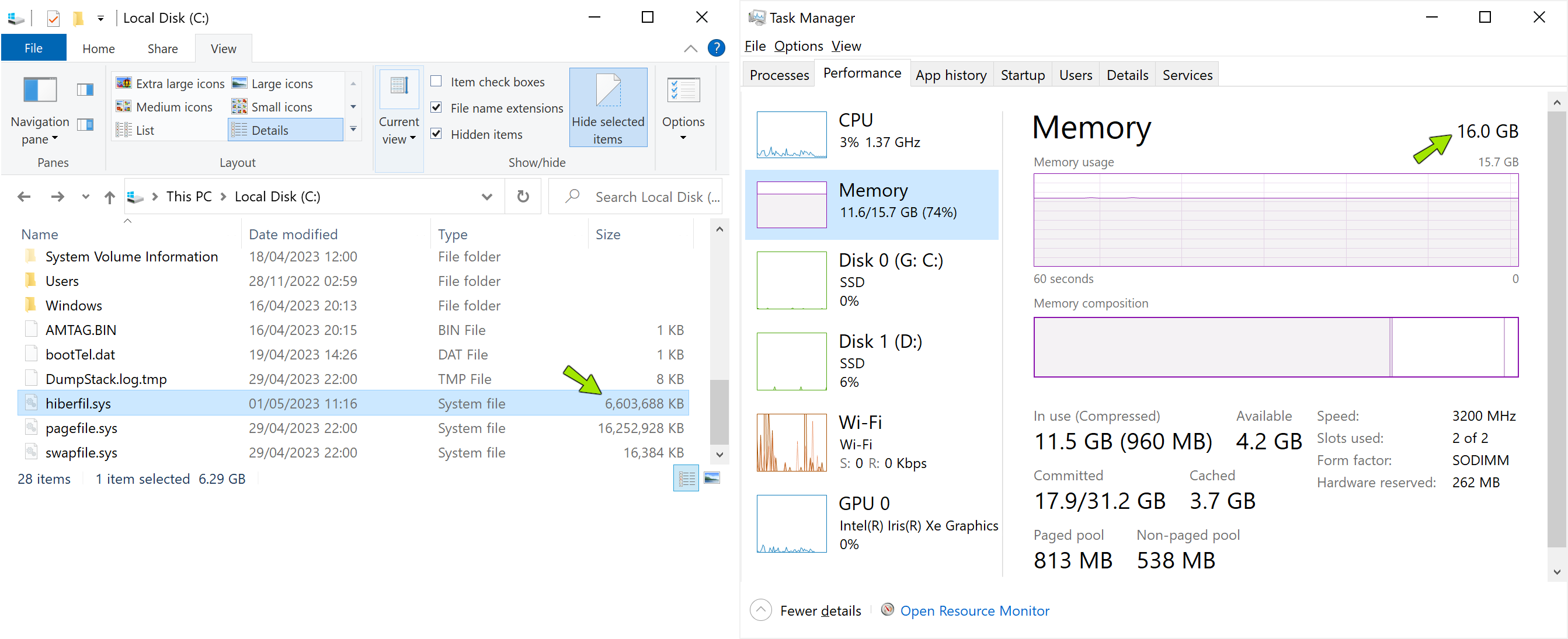 Beispiel-Screenshot: Die Hibernate-Datei ist nur 6,6 GB groß, obwohl 16 GB Systemspeicher vorhanden sind.