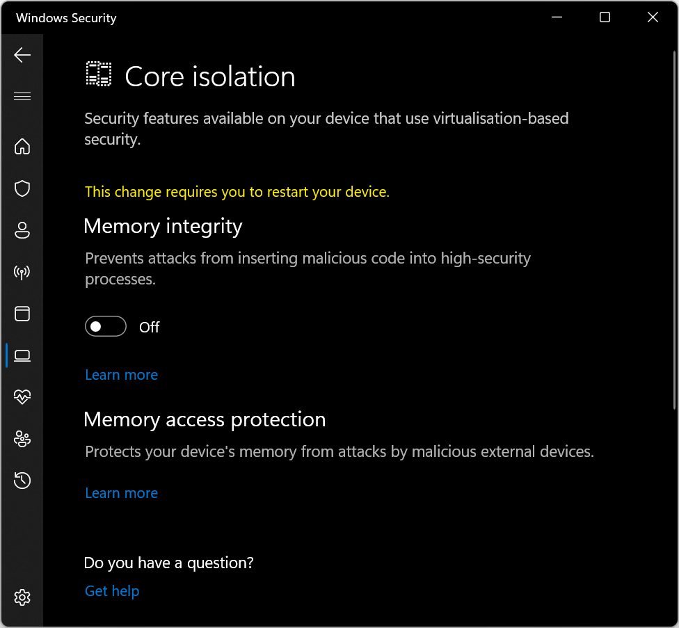 win11 vbs 04 memory integrity off