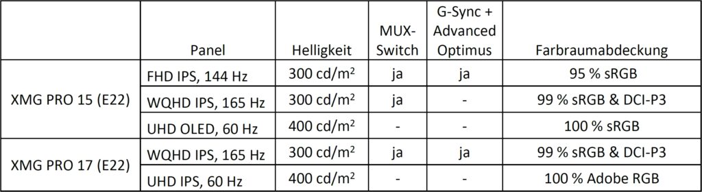 XMG PRO E22 Displays DE