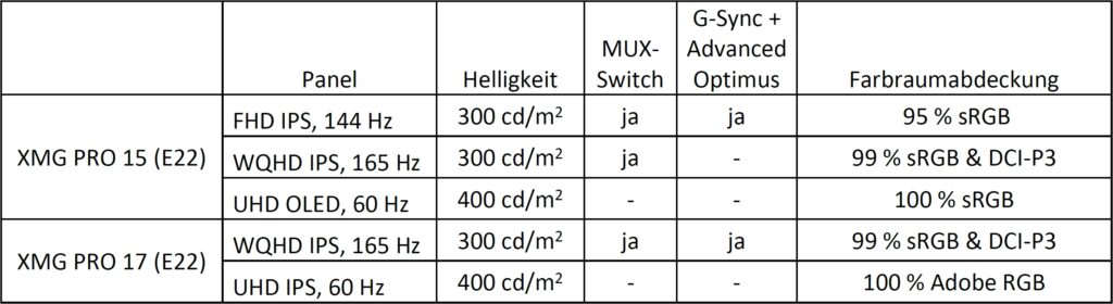 XMG PRO E22 Displays DE