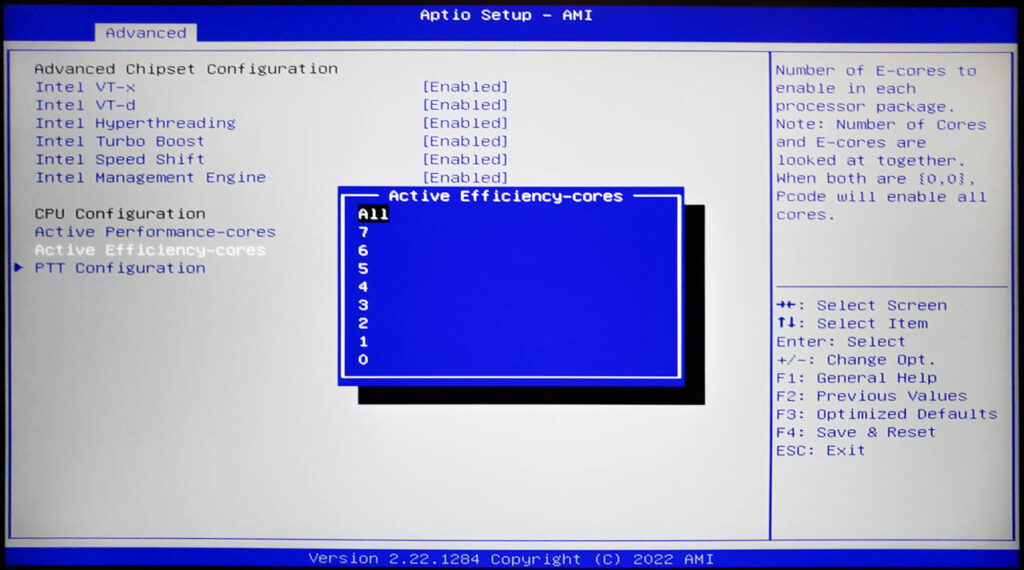 XMG NEO 15 BIOS setup deactivate E-Cores