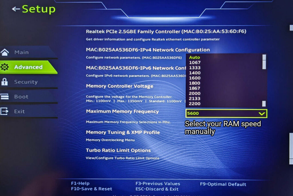 BIOS screenshot: Select your RAM speed manually.