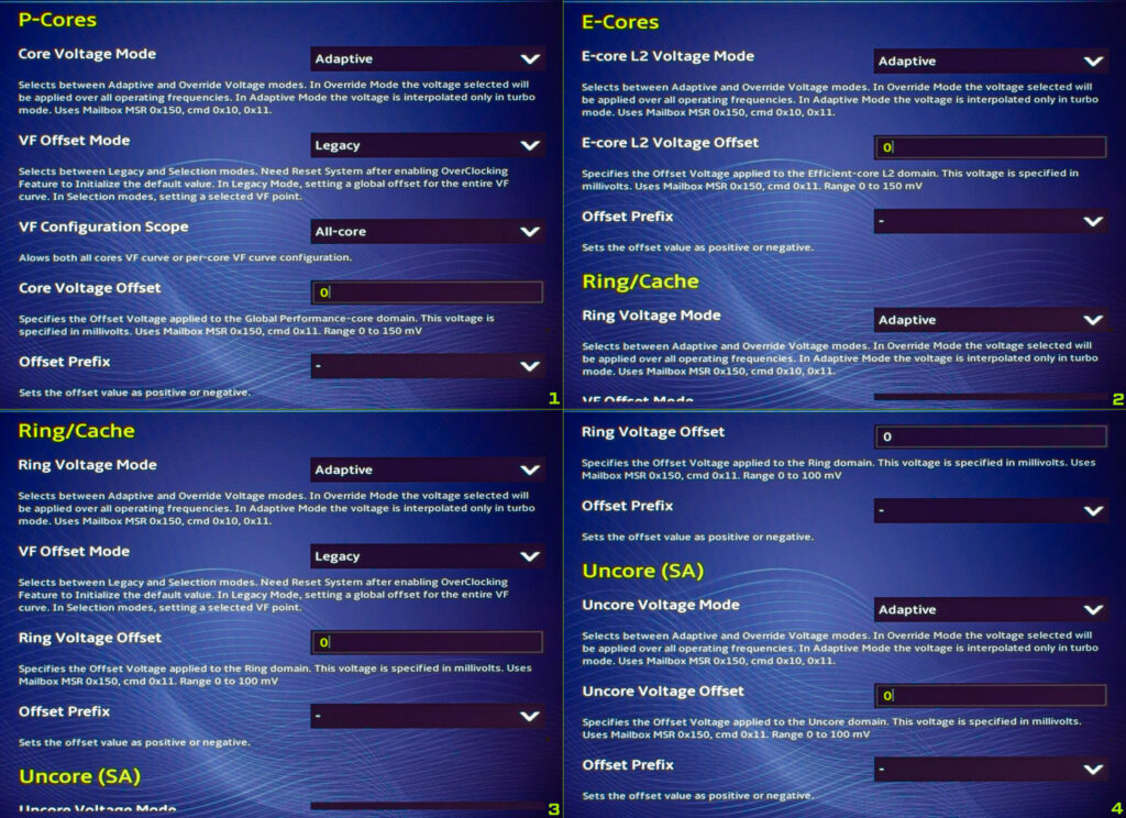 Screenshot of BIOS options with all CPU core voltage offsets.