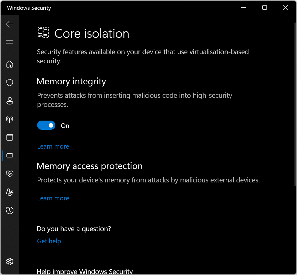 win11 vbs memory integrity on