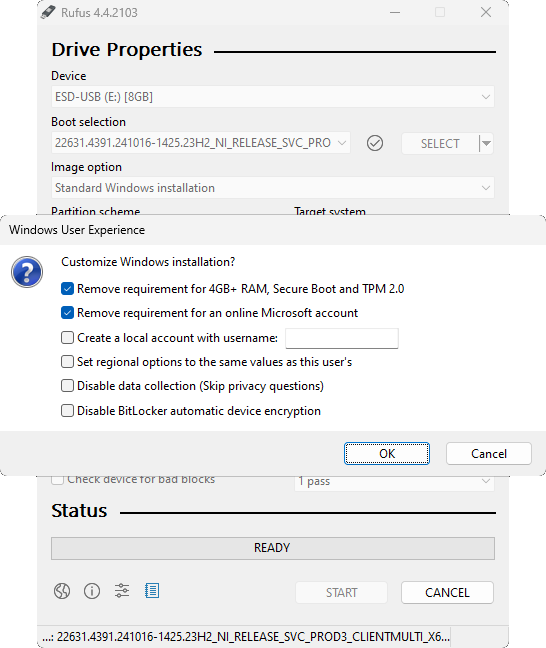 rufus windows image example options