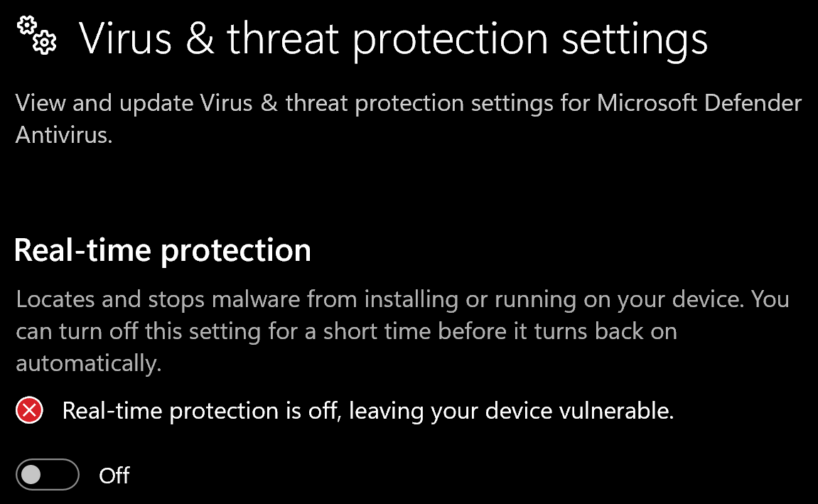 windows real time security off