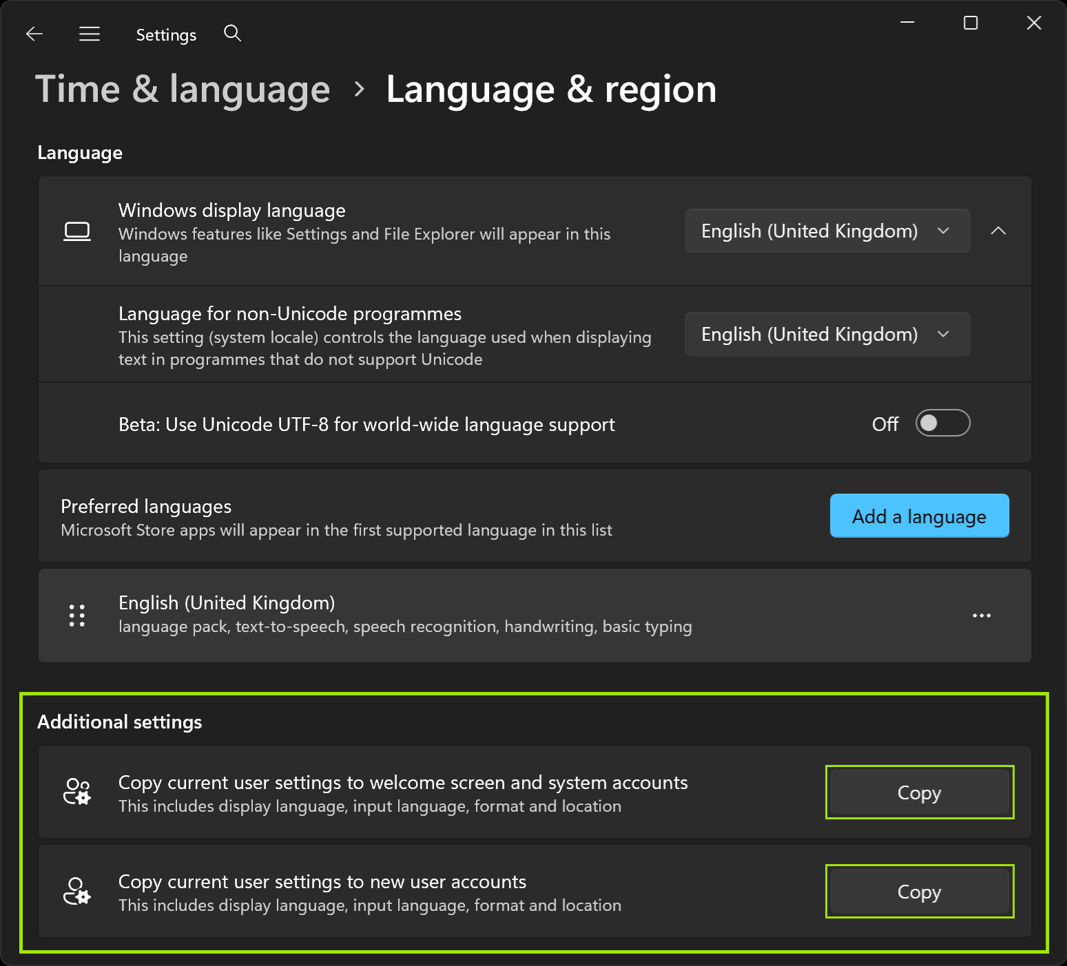 windows language and region additional settings marked 2